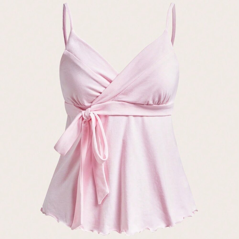 Pink Casual Side Tie-Up Knot Ruffle Women's Camisole Top - Picture 2 of 4